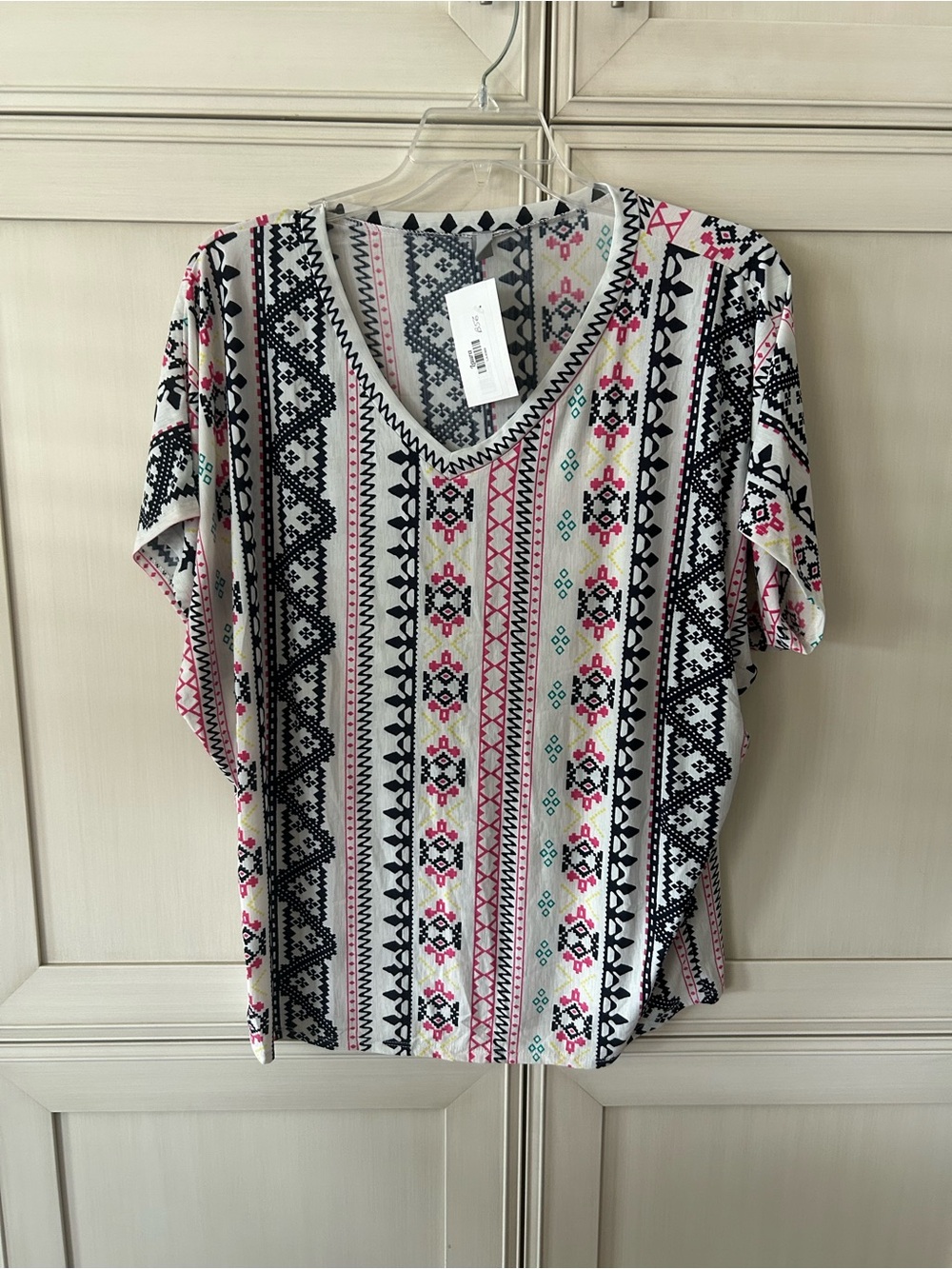 Honeyme V-Neck Short Sleeve Tribal Stripe Top - Pink, Black & White